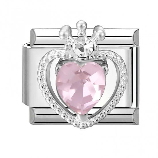 Picture of 1 Piece 304 Stainless Steel Exquisite Italian Charm Links For DIY Modular Bracelet Watch Jewelry Making Wholesale Silver Tone Rectangle Heart Pink Rhinestone 10mm x 9mm