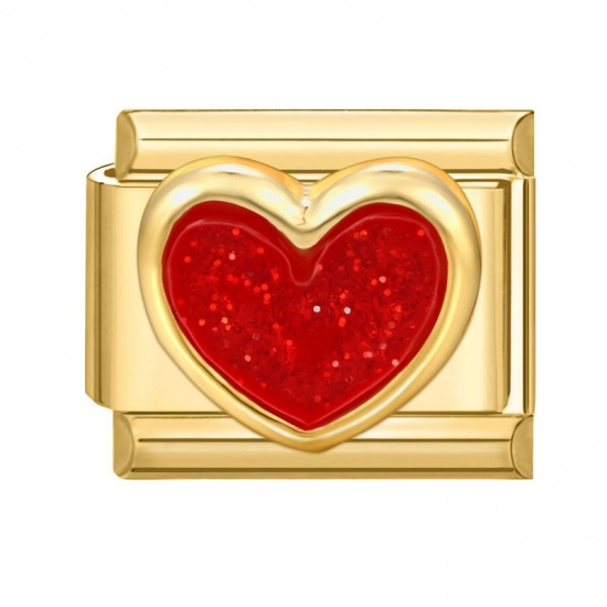 Picture of 1 Piece 304 Stainless Steel Valentine's Day Italian Charm Links For DIY Modular Bracelet Watch Jewelry Making Wholesale Gold Plated Red Rectangle Heart 10mm x 9mm