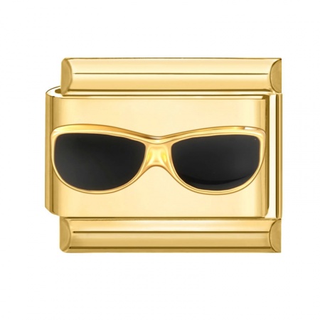 Picture of 1 Piece 304 Stainless Steel Exquisite Italian Charm Links For DIY Modular Bracelet Watch Jewelry Making Wholesale Gold Plated Black Rectangle Eyeglasses 10mm x 9mm