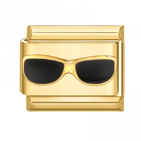 Picture of 1 Piece 304 Stainless Steel Exquisite Italian Charm Links For DIY Modular Bracelet Watch Jewelry Making Wholesale Gold Plated Black Rectangle Eyeglasses 10mm x 9mm