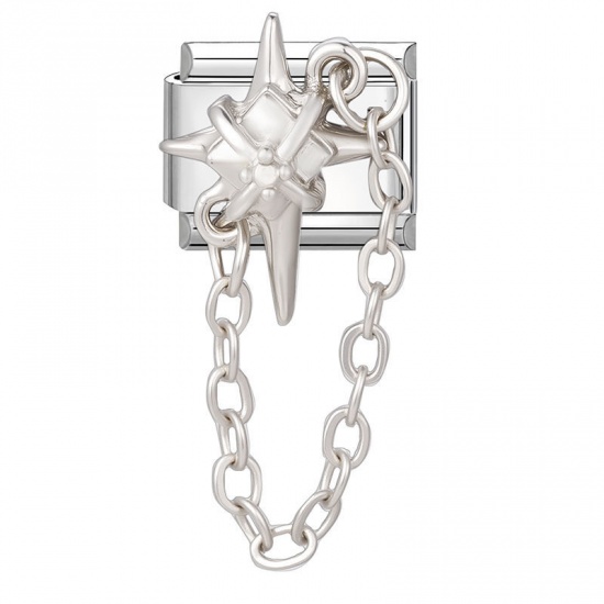 Picture of 1 Piece 304 Stainless Steel Exquisite Italian Charm Links For DIY Bracelet Jewelry Making Wholesale Silver Tone Rectangle Star 10mm x 9mm