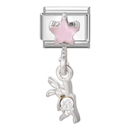 Picture of 1 Piece 304 Stainless Steel Exquisite Italian Charm Links For DIY Bracelet Jewelry Making Wholesale Silver Tone Rectangle Pentagram Star Pink Rhinestone 10mm x 9mm