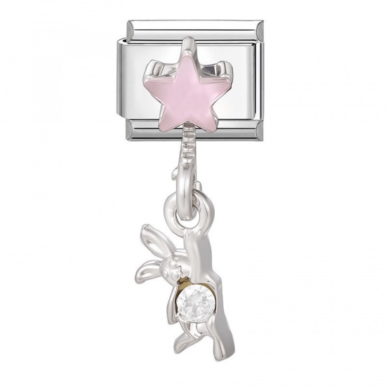 Picture of 1 Piece 304 Stainless Steel Exquisite Italian Charm Links For DIY Bracelet Jewelry Making Wholesale Silver Tone Rectangle Pentagram Star Pink Rhinestone 10mm x 9mm