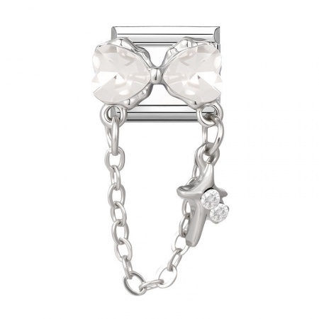 Picture of 1 Piece 304 Stainless Steel Exquisite Italian Charm Links For DIY Bracelet Jewelry Making Wholesale Silver Tone Rectangle Bowknot 10mm x 9mm