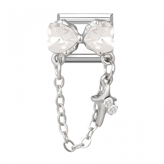 Picture of 1 Piece 304 Stainless Steel Exquisite Italian Charm Links For DIY Bracelet Jewelry Making Wholesale Silver Tone Rectangle Bowknot 10mm x 9mm