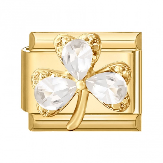 Picture of 1 Piece 304 Stainless Steel Exquisite Italian Charm Links For DIY Modular Bracelet Watch Jewelry Making Wholesale Gold Plated Rectangle Leaf Clover Shamrock Clear Rhinestone 10mm x 9mm