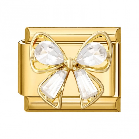 Picture of 1 Piece 304 Stainless Steel Exquisite Italian Charm Links For DIY Modular Bracelet Watch Jewelry Making Wholesale Gold Plated Rectangle Bowknot Clear Rhinestone 10mm x 9mm