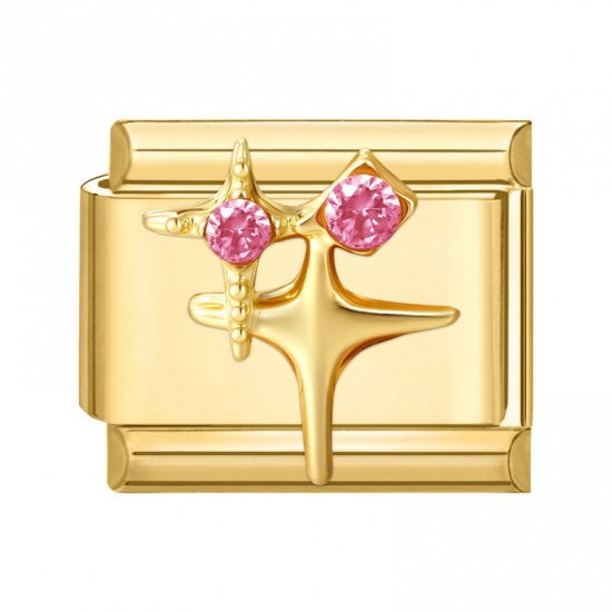 Picture of 1 Piece 304 Stainless Steel Exquisite Italian Charm Links For DIY Modular Bracelet Watch Jewelry Making Wholesale Gold Plated Rectangle Star Pink Rhinestone 10mm x 9mm