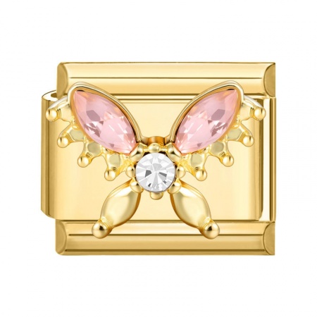 Picture of 1 Piece 304 Stainless Steel Exquisite Italian Charm Links For DIY Modular Bracelet Watch Jewelry Making Wholesale Gold Plated Rectangle Butterfly Pink Rhinestone 10mm x 9mm