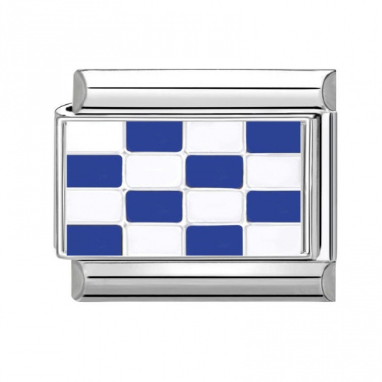 Picture of 1 Piece 304 Stainless Steel Exquisite Italian Charm Links For DIY Bracelet Jewelry Making Silver Tone Blue Rectangle Grid Checker 10mm x 9mm