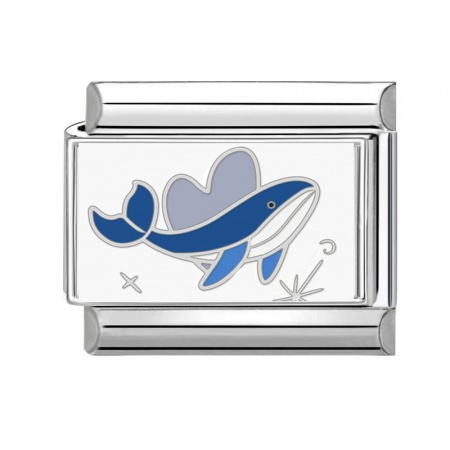 Picture of 1 Piece 304 Stainless Steel Exquisite Italian Charm Links For DIY Bracelet Jewelry Making Silver Tone Blue Rectangle Dolphin 10mm x 9mm