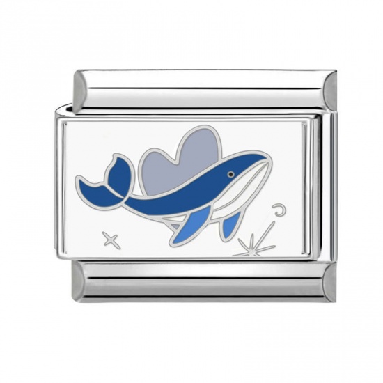 Picture of 1 Piece 304 Stainless Steel Exquisite Italian Charm Links For DIY Bracelet Jewelry Making Silver Tone Blue Rectangle Dolphin 10mm x 9mm