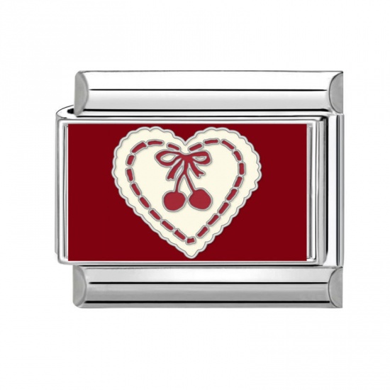 Picture of 1 Piece 304 Stainless Steel Valentine's Day Italian Charm Links For DIY Bracelet Jewelry Making Silver Tone Red Rectangle Heart 10mm x 9mm