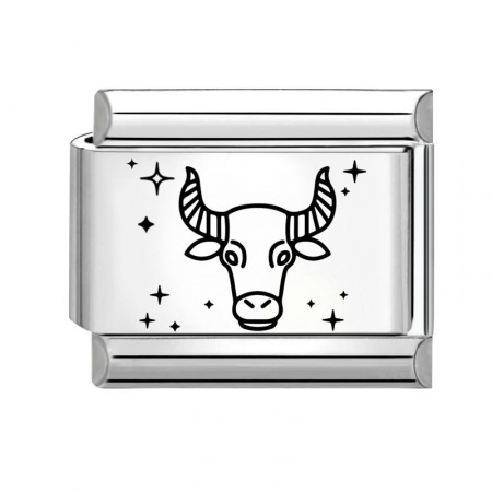 Picture of 1 Piece 304 Stainless Steel Exquisite Italian Charm Links For DIY Bracelet Jewelry Making Silver Tone Black Rectangle Taurus Sign Of Zodiac Constellations 10mm x 9mm