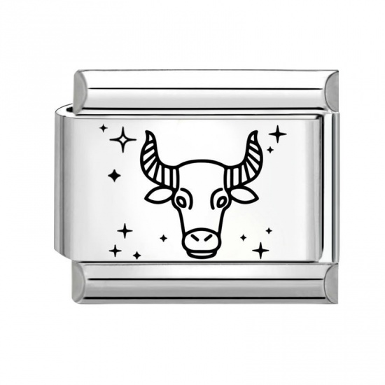 Picture of 1 Piece 304 Stainless Steel Exquisite Italian Charm Links For DIY Bracelet Jewelry Making Silver Tone Black Rectangle Taurus Sign Of Zodiac Constellations 10mm x 9mm