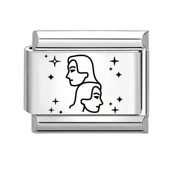 Picture of 1 Piece 304 Stainless Steel Exquisite Italian Charm Links For DIY Bracelet Jewelry Making Silver Tone Black Rectangle Gemini Sign Of Zodiac Constellations 10mm x 9mm