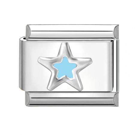 Picture of 1 Piece 304 Stainless Steel Exquisite Italian Charm Links For DIY Bracelet Jewelry Making Silver Tone Light Blue Rectangle Pentagram Star 10mm x 9mm