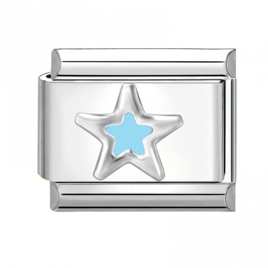 Picture of 1 Piece 304 Stainless Steel Exquisite Italian Charm Links For DIY Bracelet Jewelry Making Silver Tone Light Blue Rectangle Pentagram Star 10mm x 9mm