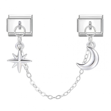 Picture of 1 Set ( 2 PCs/Set) 304 Stainless Steel Exquisite Italian Charm Links For DIY Bracelet Jewelry Making Wholesale Silver Tone Rectangle Moon 10mm x 9mm