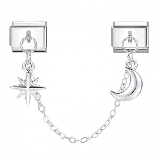 Image de 1 Kit ( 2 Pcs/Kit) Bracelet à Maillons Breloques Italiens Accessories de Fabrication de Bracelets Bijoux DIY En Gros Exquis en 304 Acier Inoxydable Argent Mat Rectangle Lune 10mm x 9mm