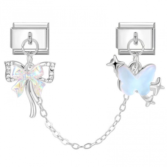 Image de 1 Kit ( 2 Pcs/Kit) Bracelet à Maillons Breloques Italiens Accessories de Fabrication de Bracelets Bijoux DIY En Gros Exquis en 304 Acier Inoxydable Argent Mat Bleu Rectangle Papillons 10mm x 9mm