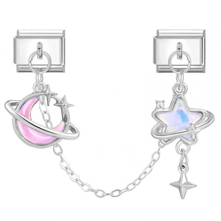 Picture of 1 Set ( 2 PCs/Set) 304 Stainless Steel Exquisite Italian Charm Links For DIY Bracelet Jewelry Making Wholesale Silver Tone Pink Rectangle Moon 10mm x 9mm