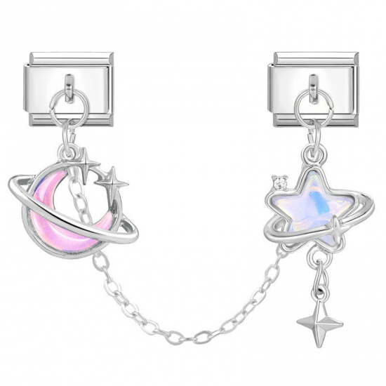 Image de 1 Kit ( 2 Pcs/Kit) Bracelet à Maillons Breloques Italiens Accessories de Fabrication de Bracelets Bijoux DIY En Gros Exquis en 304 Acier Inoxydable Argent Mat Rose Rectangle Lune 10mm x 9mm