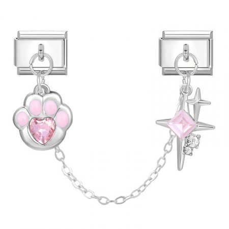 Picture of 1 Set ( 2 PCs/Set) 304 Stainless Steel Exquisite Italian Charm Links For DIY Bracelet Jewelry Making Wholesale Silver Tone Pink Rectangle Paw Claw 10mm x 9mm