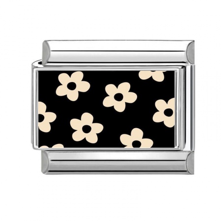 Picture of 1 Piece 304 Stainless Steel Exquisite Italian Charm Links For DIY Bracelet Jewelry Making Silver Tone Black Rectangle Flower 10mm x 9mm