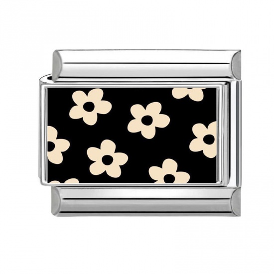 Picture of 1 Piece 304 Stainless Steel Exquisite Italian Charm Links For DIY Bracelet Jewelry Making Silver Tone Black Rectangle Flower 10mm x 9mm