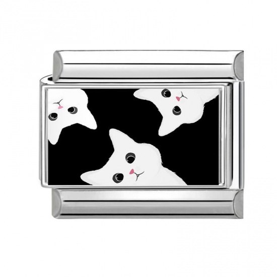 Picture of 1 Piece 304 Stainless Steel Exquisite Italian Charm Links For DIY Bracelet Jewelry Making Silver Tone White Rectangle Cat 10mm x 9mm