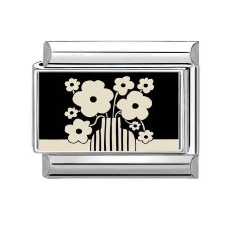 Picture of 1 Piece 304 Stainless Steel Exquisite Italian Charm Links For DIY Bracelet Jewelry Making Silver Tone Black Rectangle Flower 10mm x 9mm