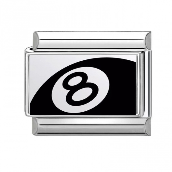 Picture of 1 Piece 304 Stainless Steel Exquisite Italian Charm Links For DIY Bracelet Jewelry Making Silver Tone Black Rectangle No.8 Billiard Pool Ball 10mm x 9mm