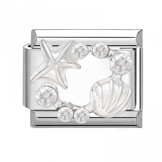 Picture of 1 Piece 304 Stainless Steel Exquisite Italian Charm Links For DIY Bracelet Jewelry Making Wholesale Silver Tone Rectangle Star Fish 10mm x 9mm