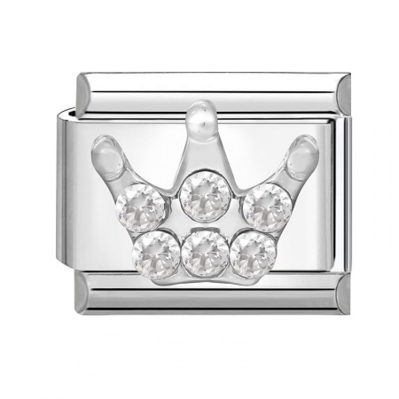 Picture of 1 Piece 304 Stainless Steel Exquisite Italian Charm Links For DIY Modular Bracelet Watch Jewelry Making Wholesale Silver Tone Rectangle Crown Clear Rhinestone 10mm x 9mm
