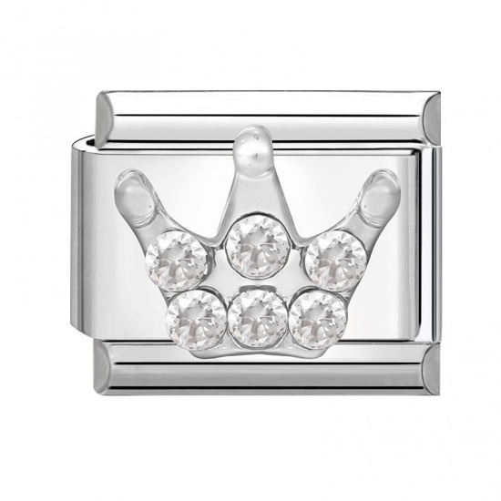 Picture of 1 Piece 304 Stainless Steel Exquisite Italian Charm Links For DIY Modular Bracelet Watch Jewelry Making Wholesale Silver Tone Rectangle Crown Clear Rhinestone 10mm x 9mm
