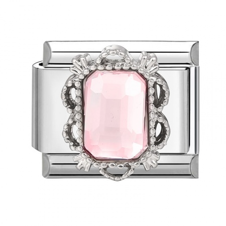 Picture of 1 Piece 304 Stainless Steel Exquisite Italian Charm Links For DIY Modular Bracelet Watch Jewelry Making Wholesale Silver Tone Pink Rectangle 10mm x 9mm
