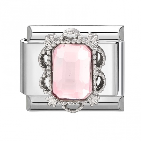 Picture of 1 Piece 304 Stainless Steel Exquisite Italian Charm Links For DIY Modular Bracelet Watch Jewelry Making Wholesale Silver Tone Pink Rectangle 10mm x 9mm