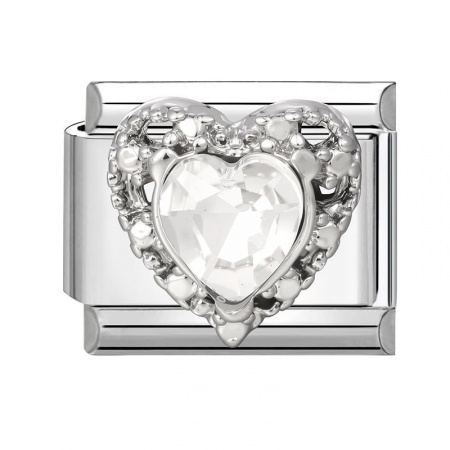 Picture of 1 Piece 304 Stainless Steel Valentine's Day Italian Charm Links For DIY Modular Bracelet Watch Jewelry Making Wholesale Silver Tone Rectangle Heart Clear Rhinestone 10mm x 9mm