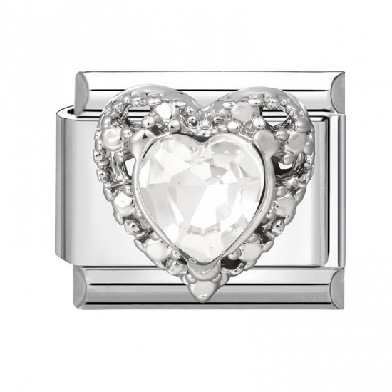 Picture of 1 Piece 304 Stainless Steel Valentine's Day Italian Charm Links For DIY Modular Bracelet Watch Jewelry Making Wholesale Silver Tone Rectangle Heart Clear Rhinestone 10mm x 9mm