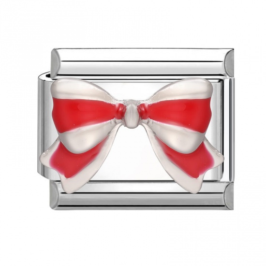 Picture of 1 Piece 304 Stainless Steel Exquisite Italian Charm Links For DIY Modular Bracelet Watch Jewelry Making Wholesale Silver Tone Red Rectangle Bowknot 10mm x 9mm