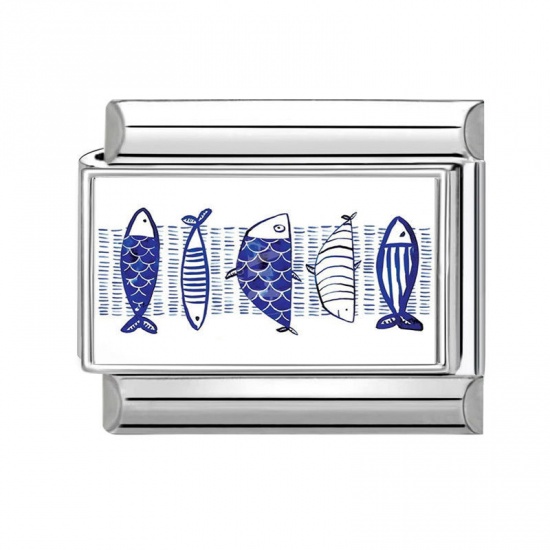 Picture of 1 Piece 304 Stainless Steel Exquisite Italian Charm Links For DIY Bracelet Jewelry Making Silver Tone Blue Rectangle Fish 10mm x 9mm