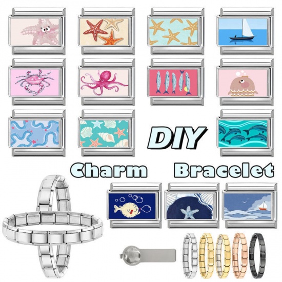 Picture of 1 Piece 304 Stainless Steel Exquisite Italian Charm Links For DIY Bracelet Jewelry Making Silver Tone Blue Rectangle Fish 10mm x 9mm
