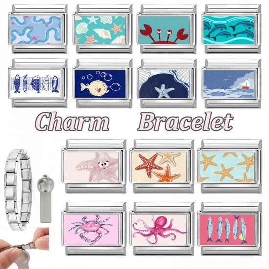 Picture of 1 Piece 304 Stainless Steel Exquisite Italian Charm Links For DIY Bracelet Jewelry Making Silver Tone Blue Rectangle Fish 10mm x 9mm