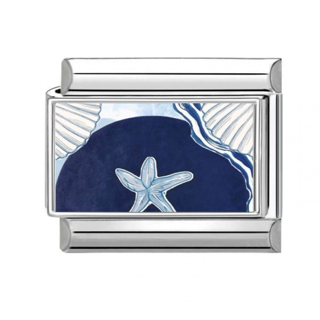Picture of 1 Piece 304 Stainless Steel Exquisite Italian Charm Links For DIY Bracelet Jewelry Making Silver Tone Dark Blue Rectangle Star Fish 10mm x 9mm