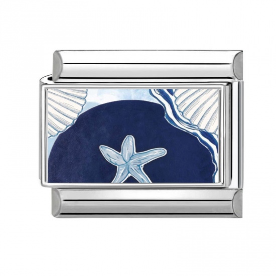 Picture of 1 Piece 304 Stainless Steel Exquisite Italian Charm Links For DIY Bracelet Jewelry Making Silver Tone Dark Blue Rectangle Star Fish 10mm x 9mm