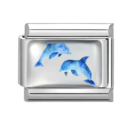 Picture of 1 Piece 304 Stainless Steel Exquisite Italian Charm Links For DIY Bracelet Jewelry Making Silver Tone Blue Rectangle Dolphin 10mm x 9mm