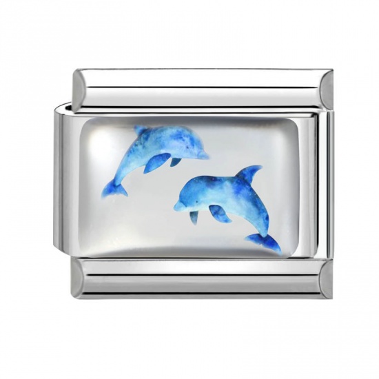 Picture of 1 Piece 304 Stainless Steel Exquisite Italian Charm Links For DIY Bracelet Jewelry Making Silver Tone Blue Rectangle Dolphin 10mm x 9mm