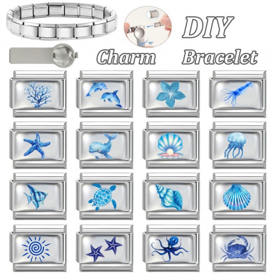 Picture of 1 Piece 304 Stainless Steel Exquisite Italian Charm Links For DIY Bracelet Jewelry Making Silver Tone Blue Rectangle Dolphin 10mm x 9mm