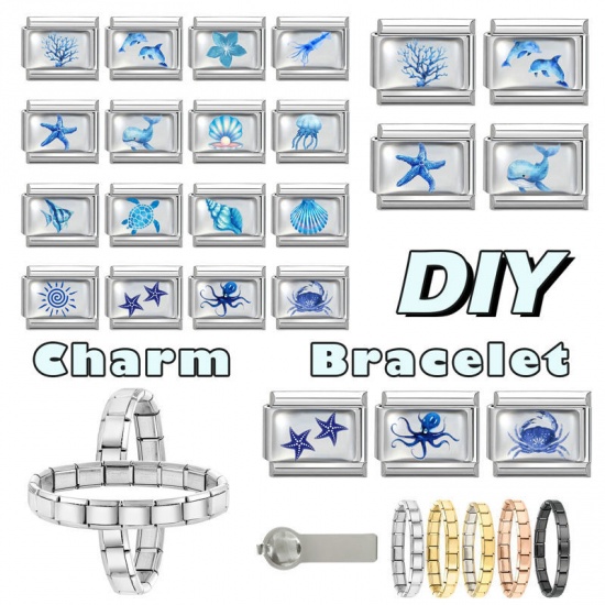 Picture of 1 Piece 304 Stainless Steel Exquisite Italian Charm Links For DIY Bracelet Jewelry Making Silver Tone Blue Rectangle Dolphin 10mm x 9mm